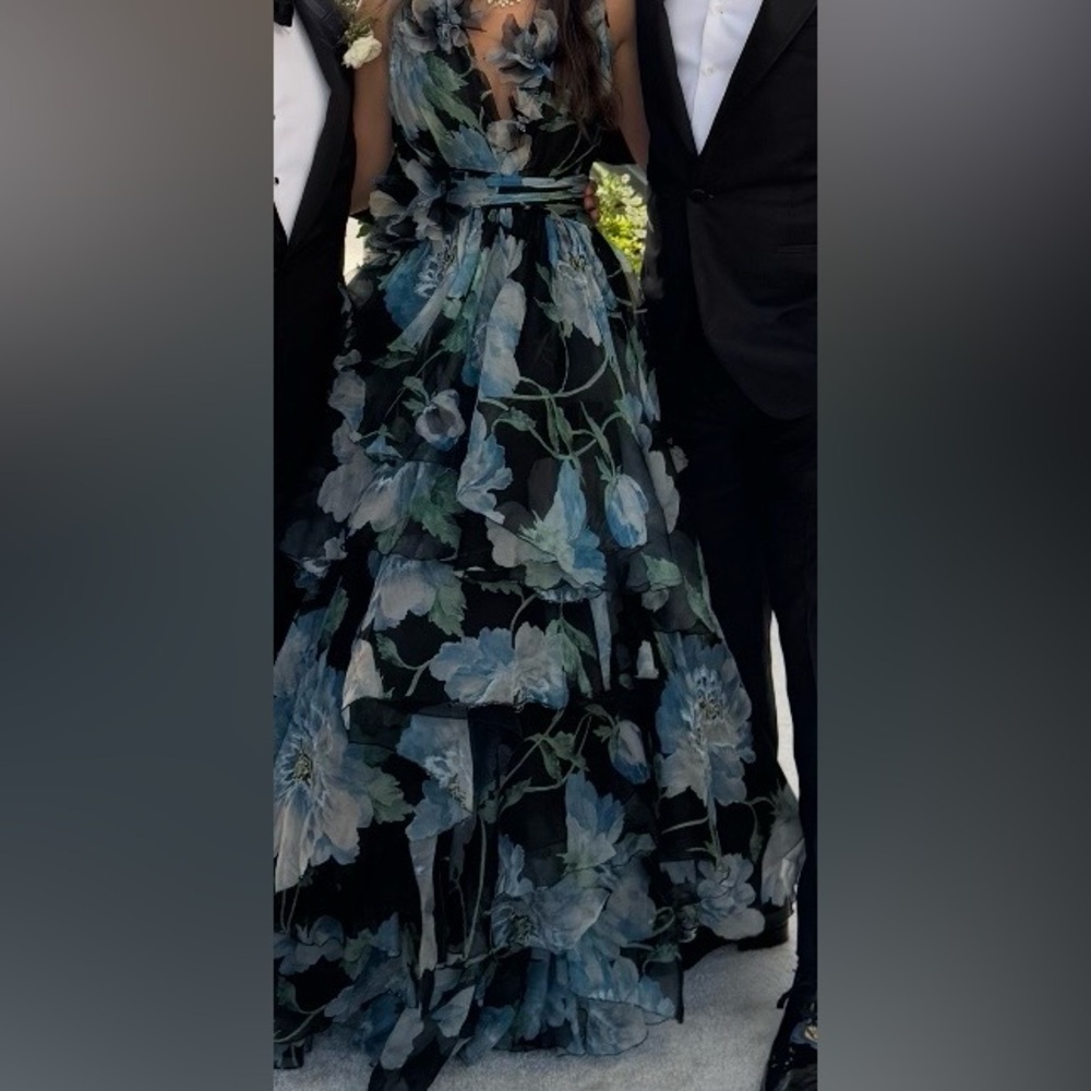 MARCHESA COUTURE- Blue Floral Tiered V-Neck Evening Dress - Picture 9 of 9